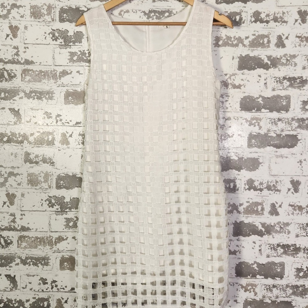 Just Me Midi White Dress Retro 60's Mod Style Sheer Lined Grid Cutout Sleeveless